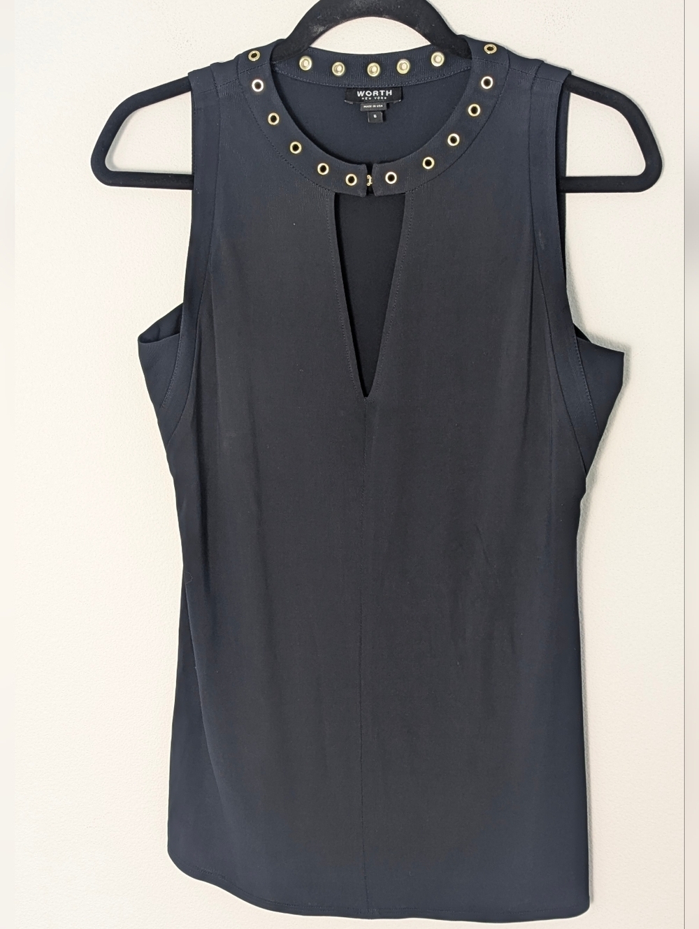 Worth Womens Gold Embellished Top Sleeveless Dark Navy Size S V-neck Office EUC